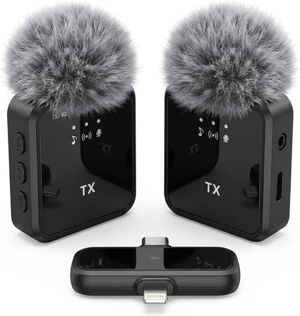 [2'li Kablosuz Yaka Mikrofonu] iPhone/Android Telefonlar/Type-C Girişli PC'ler için Type-C/Lightning Giriş 8-10 Saat Pil Ömrü 20 Metreye Kadar Menzilli Tak Çalıştır Kablosuz Mikrofon (Siyah)