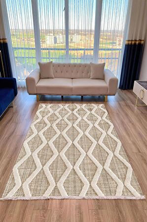 Krem Pvc Deri Kaymaz Taban Simetrik Salon Saçaksız Halı A249
