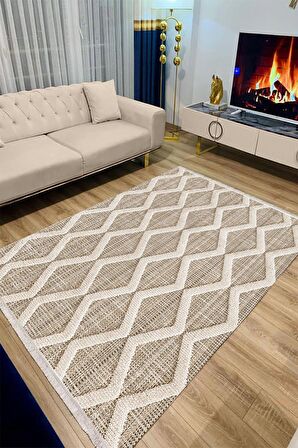 Krem Pvc Deri Kaymaz Taban Simetrik Salon Saçaksız Halı A249