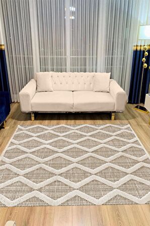 Krem Pvc Deri Kaymaz Taban Simetrik Salon Saçaksız Halı A249