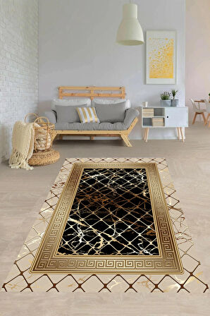 Vizon-Siyah Deko Deri Kaymaz Taban Versace Salon Saçaksız Halı B1277