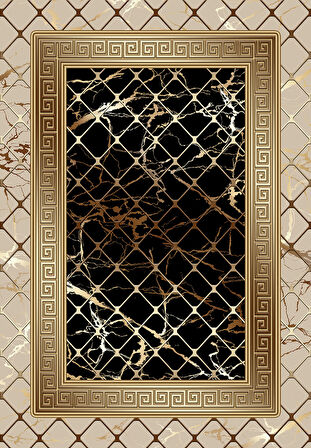 Vizon-Siyah Deko Deri Kaymaz Taban Versace Salon Saçaksız Halı B1277