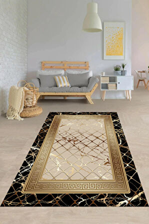 Siyah-Vizon Deko Deri Kaymaz Taban Versace Salon Saçaksız Halı B1278