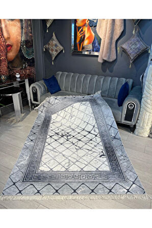Gri-Beyaz Pvc Deri Kaymaz Taban Versace Salon Saçaksız Halı B1292