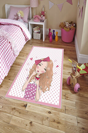 Pembe Pvc Deri Kaymaz Taban Figürlü Kız Çocuk Saçaksız Halı H7097