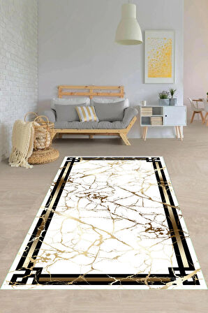 Beyaz-Gold Pvc Deri Kaymaz Taban Çerçeve Salon Saçaksız Halı O-1105-1