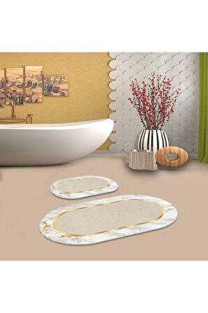 Beyaz-Gold  Kaymaz Taban  Oval Banyo Paspas Takım  BB-105