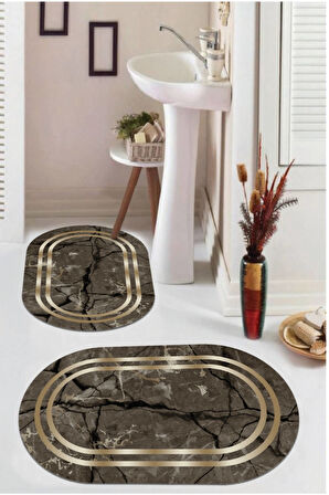 Kahverengi  Kaymaz Taban Çerçeve Oval Banyo Paspas Takım  BB-112