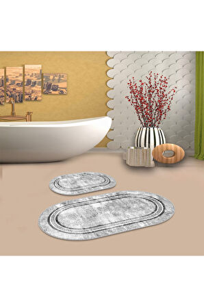 Gri  Kaymaz Taban Versace Oval Banyo Paspas Takım  BB-121