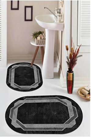 Siyah  Kaymaz Taban Çerçeve Oval Banyo Paspas Takım  BB-129