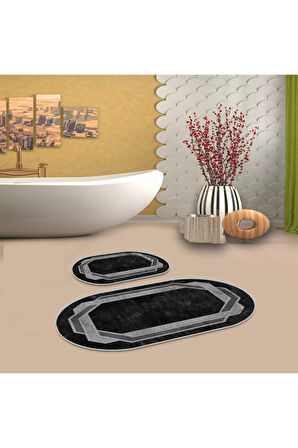 Siyah  Kaymaz Taban Çerçeve Oval Banyo Paspas Takım  BB-129