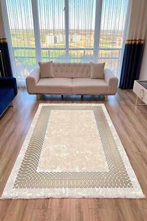 Krem Pvc Deri Kaymaz Taban Çerçeve Salon Saçaksız Halı B1224