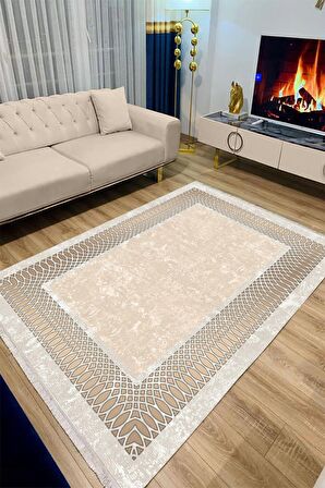Krem Pvc Deri Kaymaz Taban Çerçeve Salon Saçaksız Halı B1224