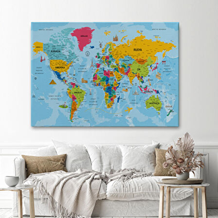 Harita Sepeti Türkçe Dünya Haritası Kanvas Tablo Son Derece Detaylı ve Dekoratif-2022