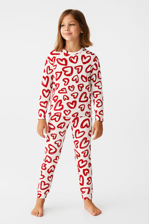 Kız Çocuk Pijama Takımı Kalp Desenli Uzun Kollu Pamuklu 4-9 Yaş