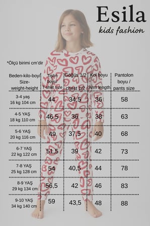 Kız Çocuk Pijama Takımı Kalp Desenli Uzun Kollu Pamuklu 4-9 Yaş