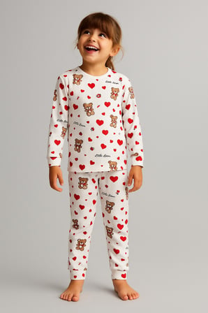 Kız Çocuk Pijama Takımı Kalp Desenli Uzun Kollu Pamuklu 4-9 Yaş