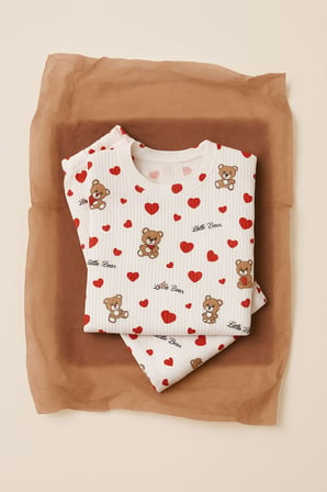 Kız Çocuk Pijama Takımı Kalp Desenli Uzun Kollu Pamuklu 4-9 Yaş