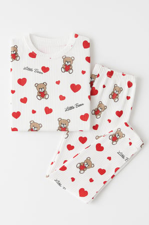 Kız Çocuk Pijama Takımı Kalp Desenli Uzun Kollu Pamuklu 4-9 Yaş
