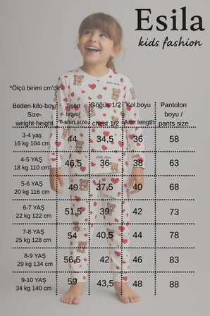 Kız Çocuk Pijama Takımı Kalp Desenli Uzun Kollu Pamuklu 4-9 Yaş