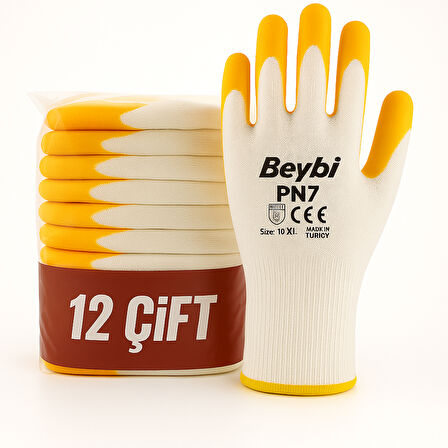 Beybi Pn7 Sarı Nitril Kaplı İş Eldiveni - 12’Li Paket | Yağa Dayanıklı & Konforlu Kullanım