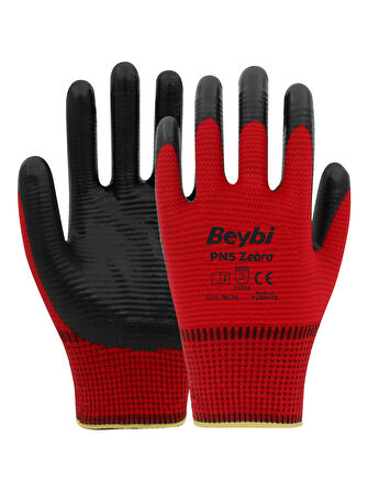 Beybi Pn5 Zebra Kırmızı Nitril Kaplı İş Eldiveni - 12’Li Paket | Yüksek Dayanım & Güvenli Kavrama