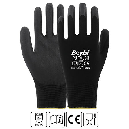 Beybi Pu Touch Siyah İş Eldiveni - 12’Li Paket | Hafif, Esnek Ve Hassas Kavrama