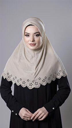 Bej Pratik Hazır Geçmeli Tesettür Eşarp Fukuro Kumaş Piliseli Çiçek Desenli Lazer Kesim 1829_12