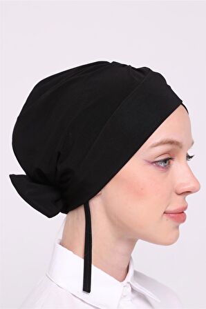 Siyah Pratik Hazır Geçmeli Tesettür Bone Sandy Kumaş Çapraz Fiyonklu Pratik Bone 1834_01