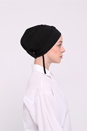 Siyah Pratik Hazır Geçmeli Tesettür Bone Sandy Kumaş Çapraz Fiyonklu Pratik Bone 1834_01