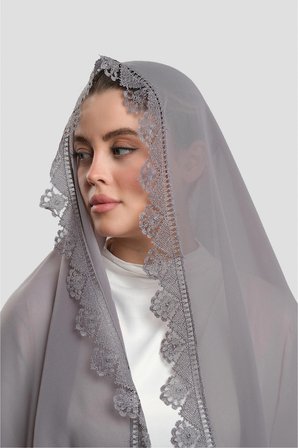 Gri Namaz Başörtüsü Şal Şifon Güpürlü 202106_15