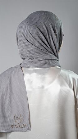 Gri Pratik Hazır Geçmeli Tesettür Şal Örme Kumaş Taşlı Çiçek Desenli  2118C_15