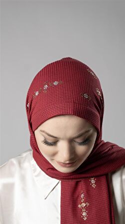 Bordo Pratik Hazır Geçmeli Tesettür Şal Örme Kumaş Taşlı Çiçek Desenli  2118C_16