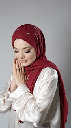 Bordo Pratik Hazır Geçmeli Tesettür Şal Örme Kumaş Taşlı Çiçek Desenli  2118C_16