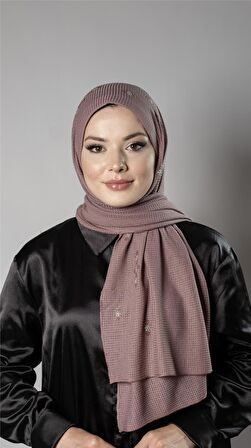 Gül Kurusu Pratik Hazır Geçmeli Tesettür Şal Örme Kumaş Taşlı Çiçek Desenli  2118C_18