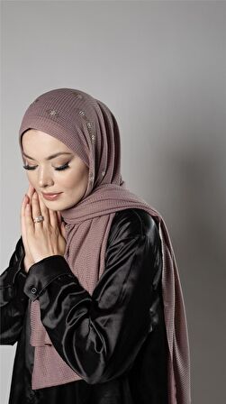 Gül Kurusu Pratik Hazır Geçmeli Tesettür Şal Örme Kumaş Taşlı Çiçek Desenli  2118C_18