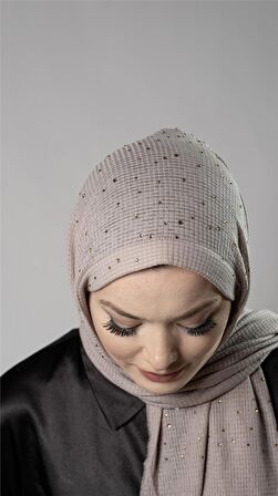 Vizon Pratik Hazır Geçmeli Tesettür Şal Örme Kumaş Taş Desenli 2118T_10