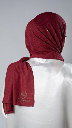 Bordo Pratik Hazır Geçmeli Tesettür Şal Örme Kumaş Taş Desenli 2118T_16