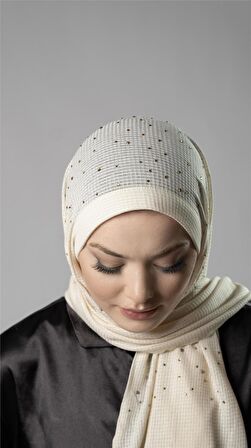 Krem Pratik Hazır Geçmeli Tesettür Şal Örme Kumaş Taş Desenli 2118T_40