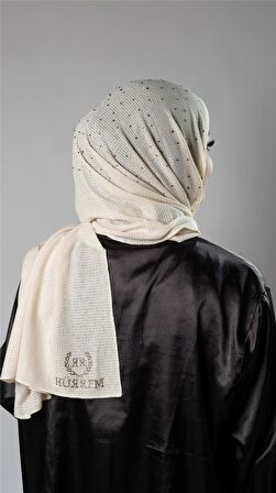 Krem Pratik Hazır Geçmeli Tesettür Şal Örme Kumaş Taş Desenli 2118T_40