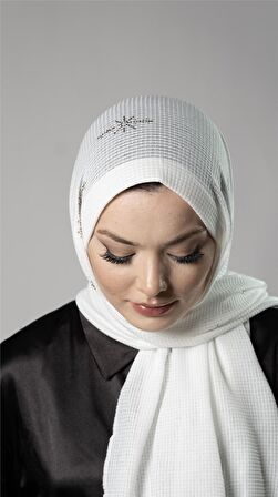 Beyaz Pratik Hazır Geçmeli Tesettür Şal Örme Kumaş Taşlı Yıldız Desenli  2118Y_42