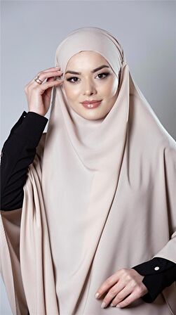 Bej Pratik Hazır Geçmeli Tesettür Eşarp Medine İpeği Bağcıklı Sufle Hijab 2301_12