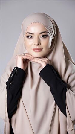 Bej Pratik Hazır Geçmeli Tesettür Eşarp Medine İpeği Bağcıklı Çift Katlı Sufle Hijab 2302_12