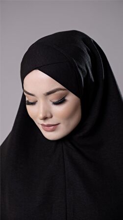 Siyah Pratik Hazır Geçmeli Tesettür Eşarp Pamuk Caz Kumaş Tek Katlı Çapraz Hijab 2305_01