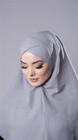 Gri Pratik Hazır Geçmeli Tesettür Eşarp Pamuk Caz Kumaş Tek Katlı Çapraz Hijab 2305_15