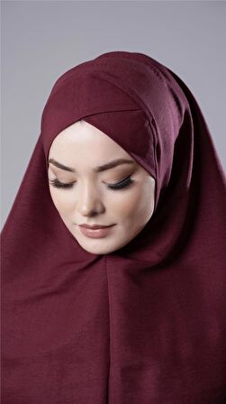 Bordo Pratik Hazır Geçmeli Tesettür Eşarp Pamuk Caz Kumaş Tek Katlı Çapraz Hijab 2305_16