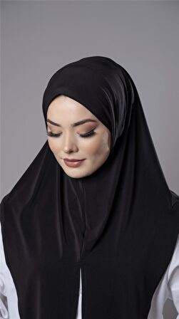 Siyah Pratik Hazır Geçmeli Tesettür Eşarp Sandy Kumaş Yırtmaçlı Düz Hijab 2310_01