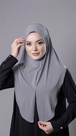 Gri Pratik Hazır Geçmeli Tesettür Eşarp Sandy Kumaş Yırtmaçlı Düz Hijab 2310_15