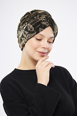 Siyah Simli Büzgülü Tesettür Bone Jakar Çiçek Desenli 2317_01