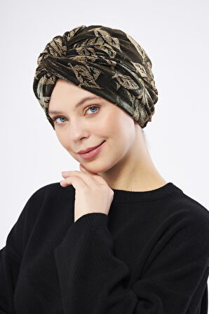 Siyah Simli Büzgülü Tesettür Bone Jakar Çiçek Desenli 2317_01